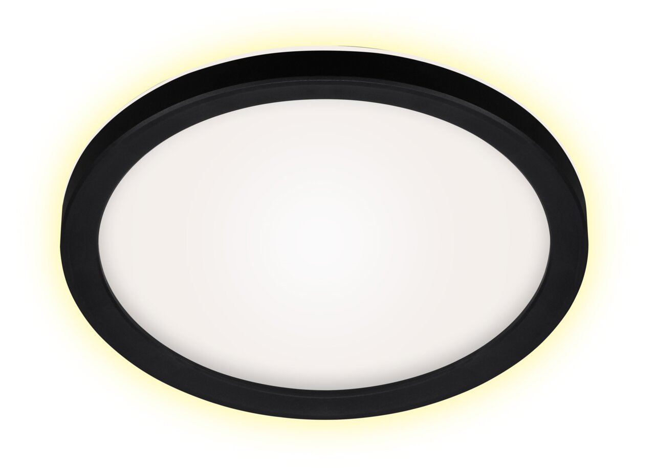 Runde LED-Deckenleuchte mit schwarzem Rahmen, Ansicht von unten