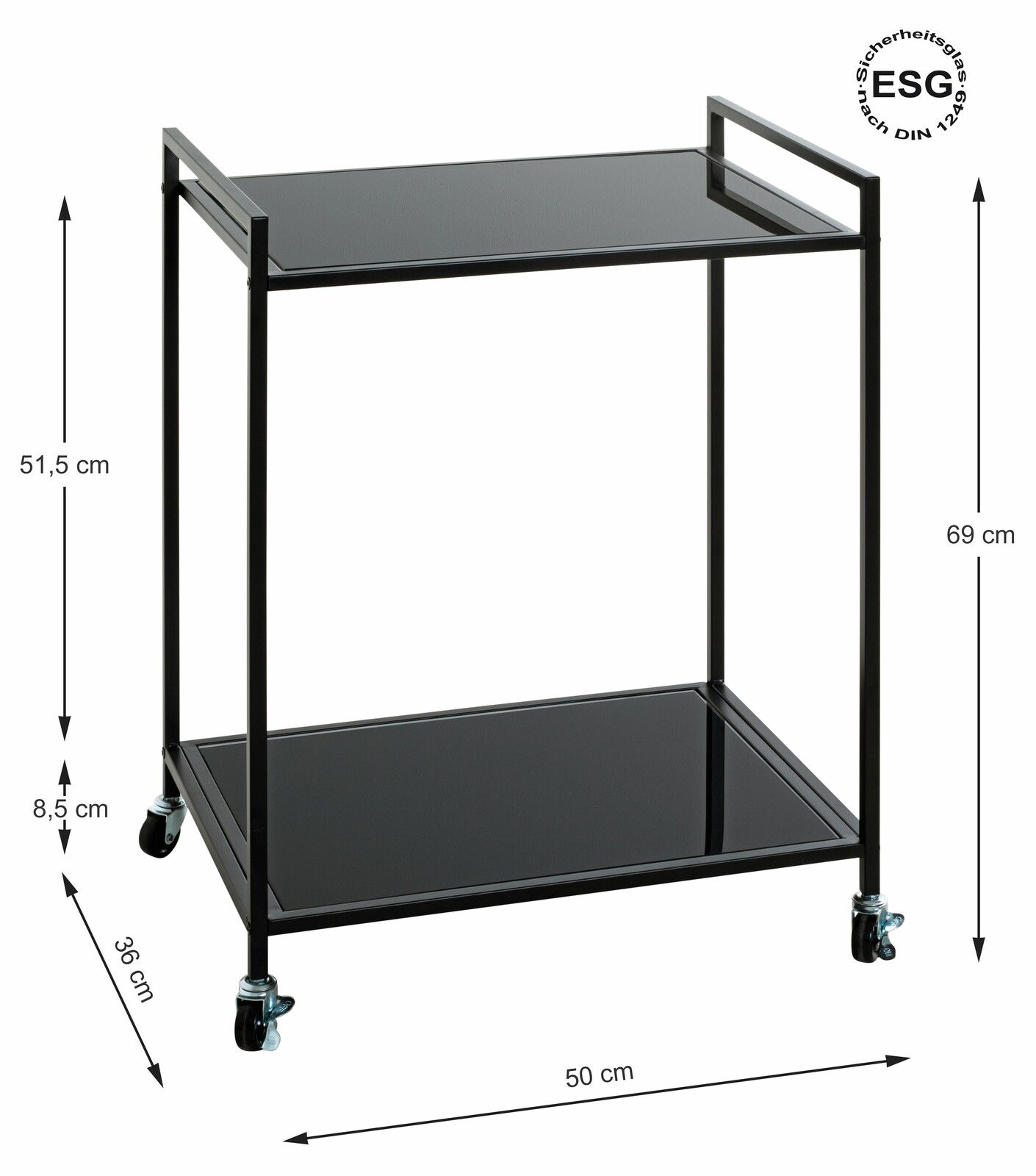 Moderner Beistellwagen mit zwei schwarzen Glasablagen und Metallrahmen, auf Rollen, seitliche Perspektive.