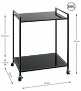 Moderner Beistellwagen mit zwei schwarzen Glasablagen und Metallrahmen, auf Rollen, seitliche Perspektive.