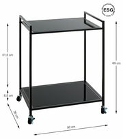 Moderner Beistellwagen mit zwei schwarzen Glasablagen und Metallrahmen, auf Rollen, seitliche Perspektive.
