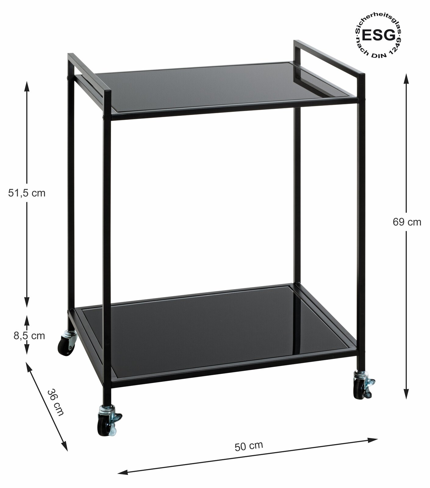 Moderner Beistellwagen mit zwei schwarzen Glasablagen und Metallrahmen, auf Rollen, seitliche Perspektive.