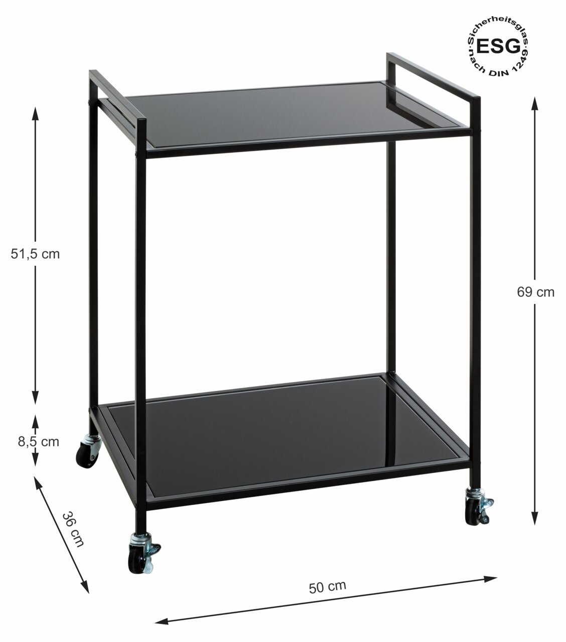 Moderner Beistellwagen mit zwei schwarzen Glasablagen und Metallrahmen, auf Rollen, seitliche Perspektive.
