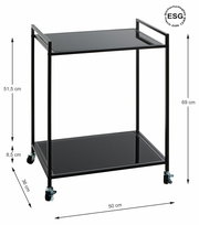 Moderner Beistellwagen mit zwei schwarzen Glasablagen und Metallrahmen, auf Rollen, seitliche Perspektive.