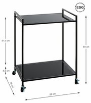 Moderne bijzetwagen met twee zwarte glazen planken en een metalen frame, op wieltjes, zijaanzicht.