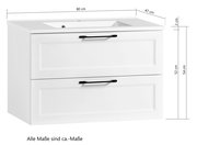 Weißes Waschtisch-Set mit zwei Schubladen und schwarzen Griffen, seitliche Perspektive, Maße: 80 cm Breite, 47 cm Tiefe, 54 cm Höhe.
