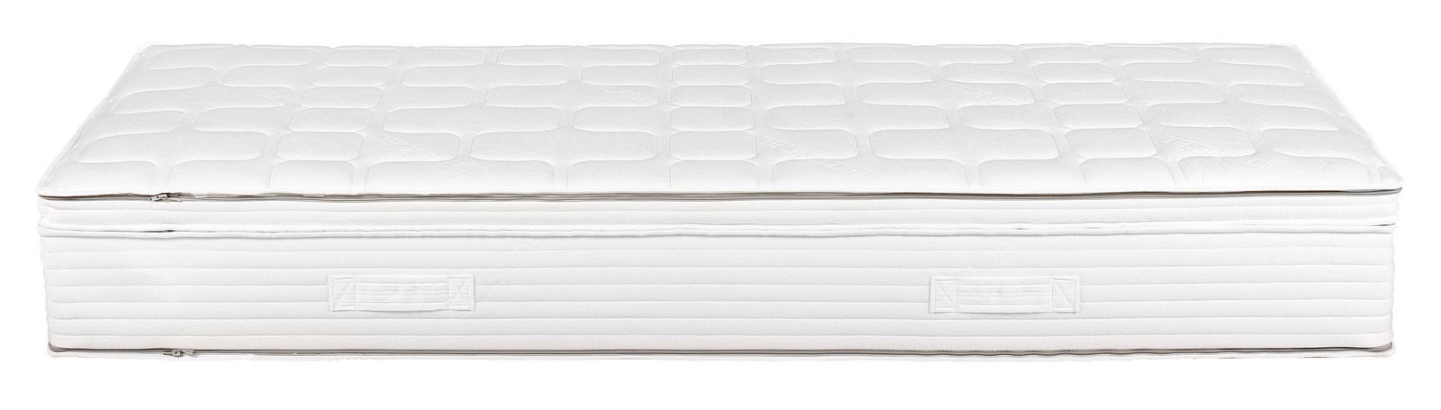Seitliche Ansicht einer weißen Taschenfederkernmatratze H3 mit gestepptem Bezug und Tragegriffen.