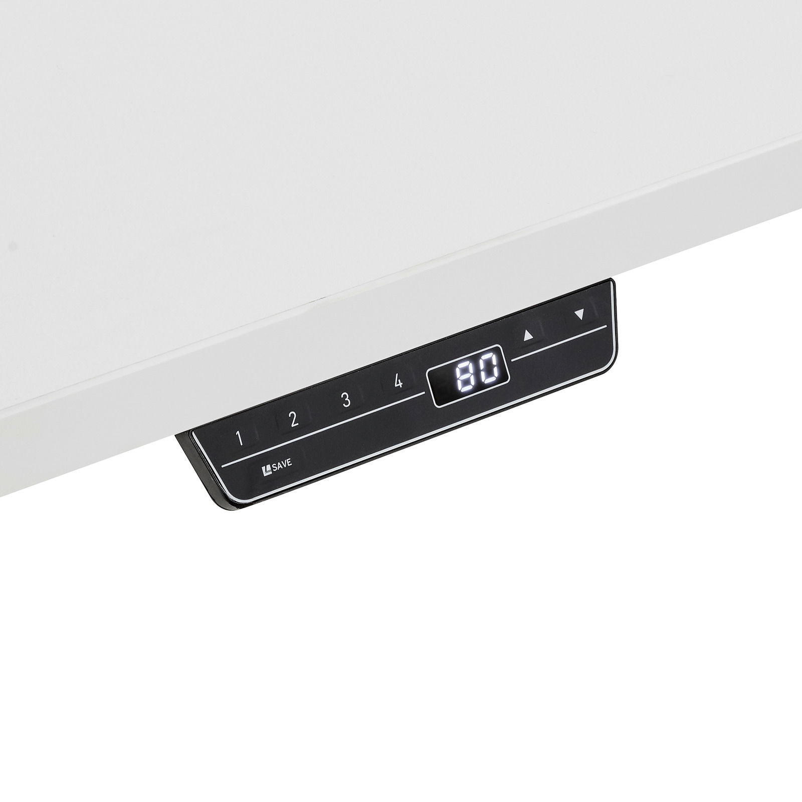 Nahaufnahme der Steuerungseinheit eines E-Schreibtischs aus der Serie EFLEX mit digitaler Anzeige und Tasten zur Höhenverstellung, von unten betrachtet.