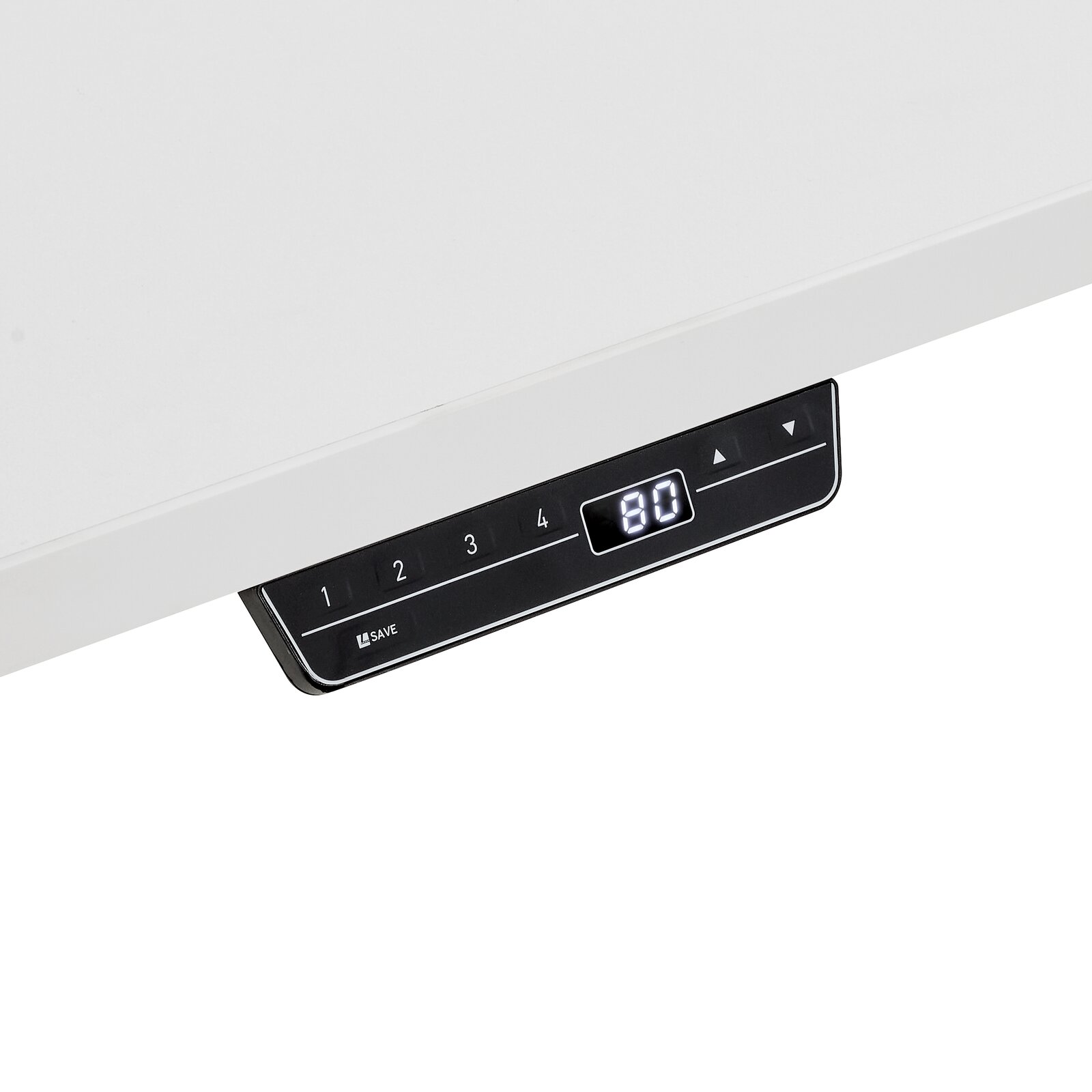 Nahaufnahme der Steuerungseinheit eines E-Schreibtischs aus der Serie EFLEX mit digitaler Anzeige und Tasten zur Höhenverstellung, von unten betrachtet.