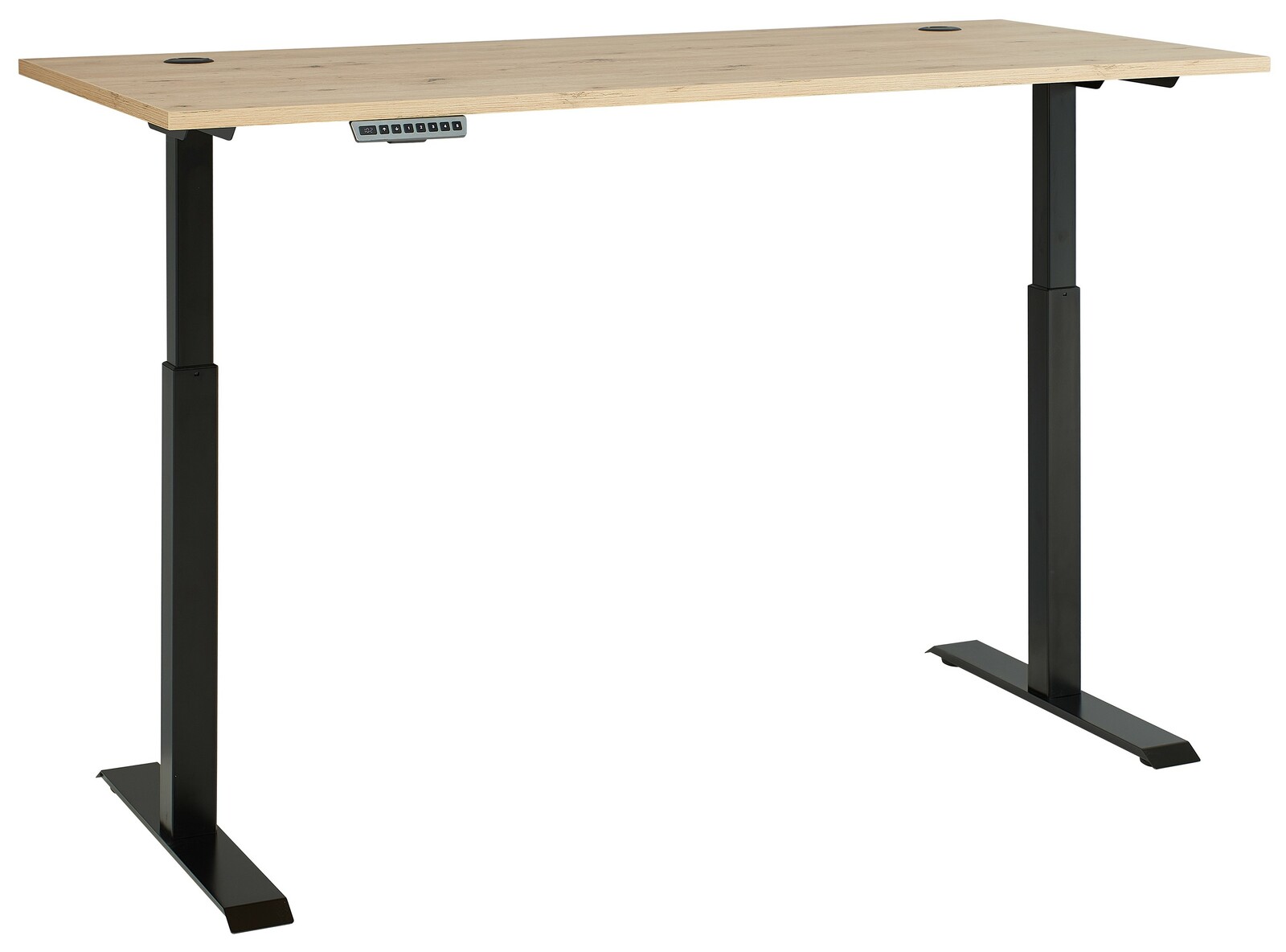 Höhenverstellbarer E-Schreibtisch Voleo DETROIT mit Holzplatte und schwarzen Metallbeinen, seitliche Perspektive