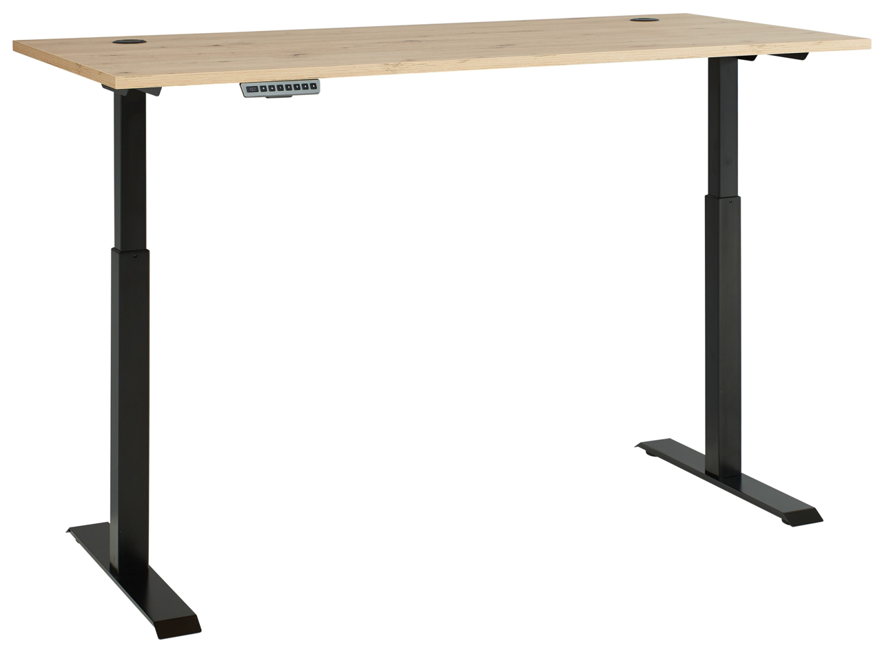 Höhenverstellbarer E-Schreibtisch Voleo DETROIT mit Holzplatte und schwarzen Metallbeinen, seitliche Perspektive