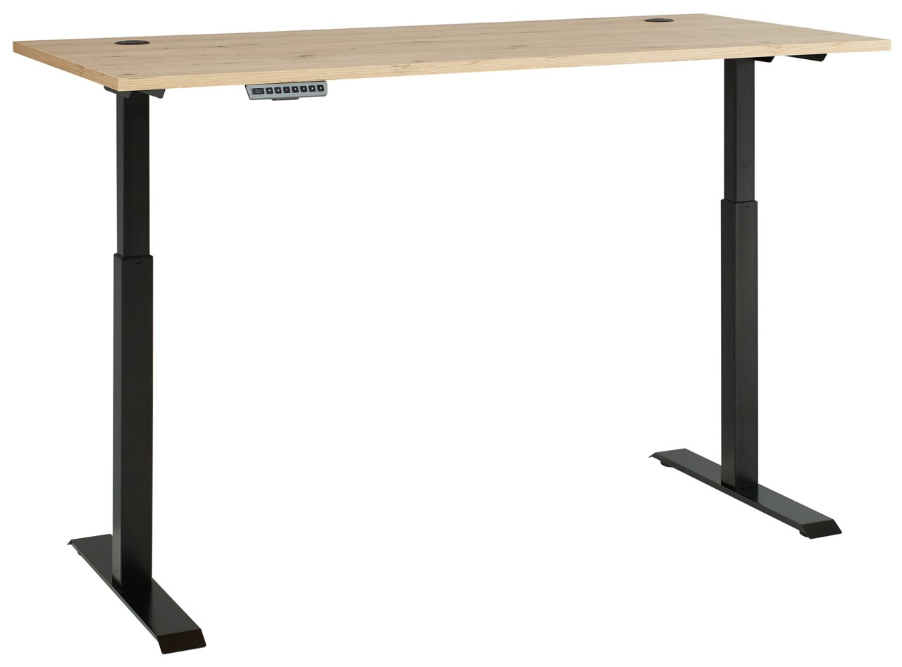 Höhenverstellbarer E-Schreibtisch Voleo DETROIT mit Holzplatte und schwarzen Metallbeinen, seitliche Perspektive