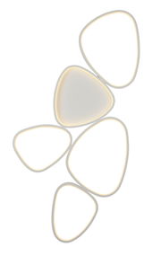 Moderne Deckenleuchte mit fünf organisch geformten, leuchtenden Elementen, Ansicht von unten.