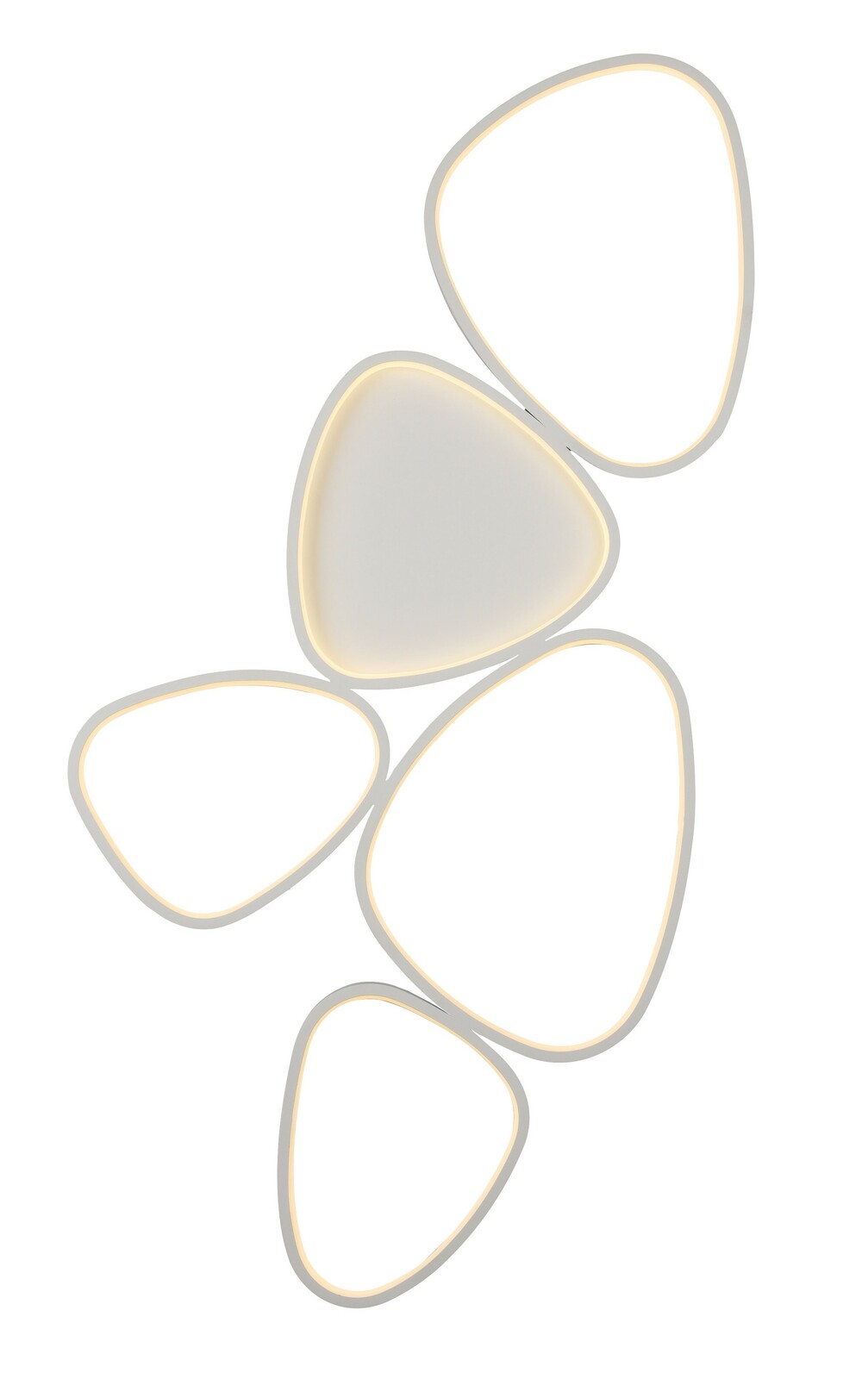 Moderne Deckenleuchte mit fünf organisch geformten, leuchtenden Elementen, Ansicht von unten.