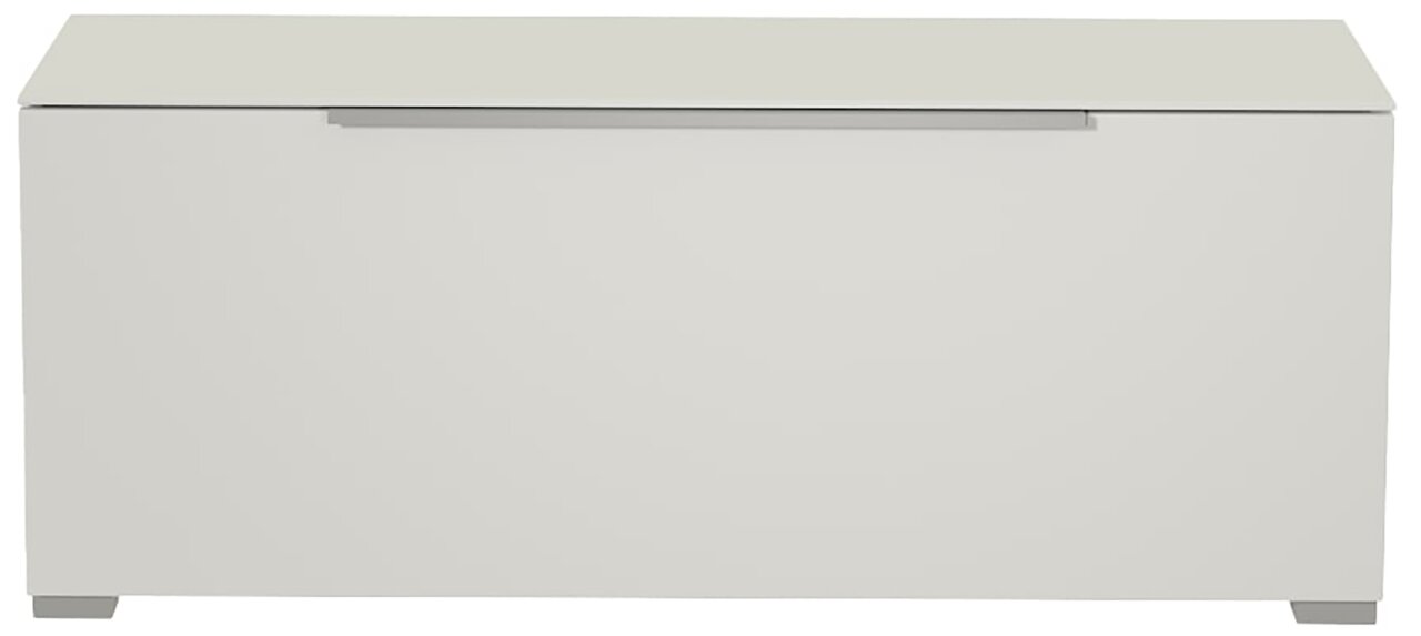 Frontansicht eines modernen, weißen TV-Lowboards mit schlichtem Design.