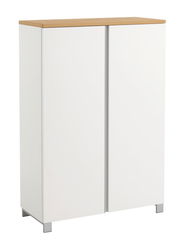 Moderner weißer Schuhschrank mit Holzoberfläche, frontal betrachtet