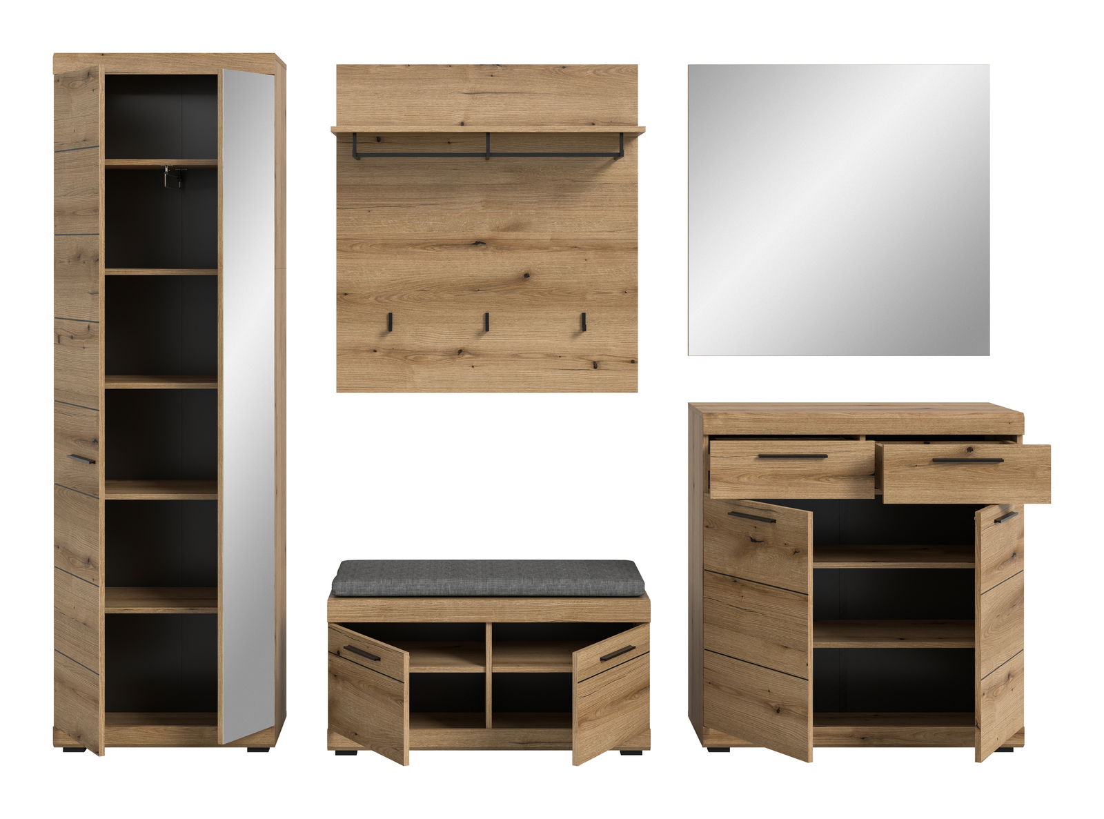 Garderoben-Set 5-teilig in Holzoptik, bestehend aus einem hohen Schrank mit Spiegel, einer Wandgarderobe mit Haken, einem quadratischen Spiegel, einer Sitzbank mit Stauraum und einer Kommode mit Schubladen und Türen. Frontalansicht.