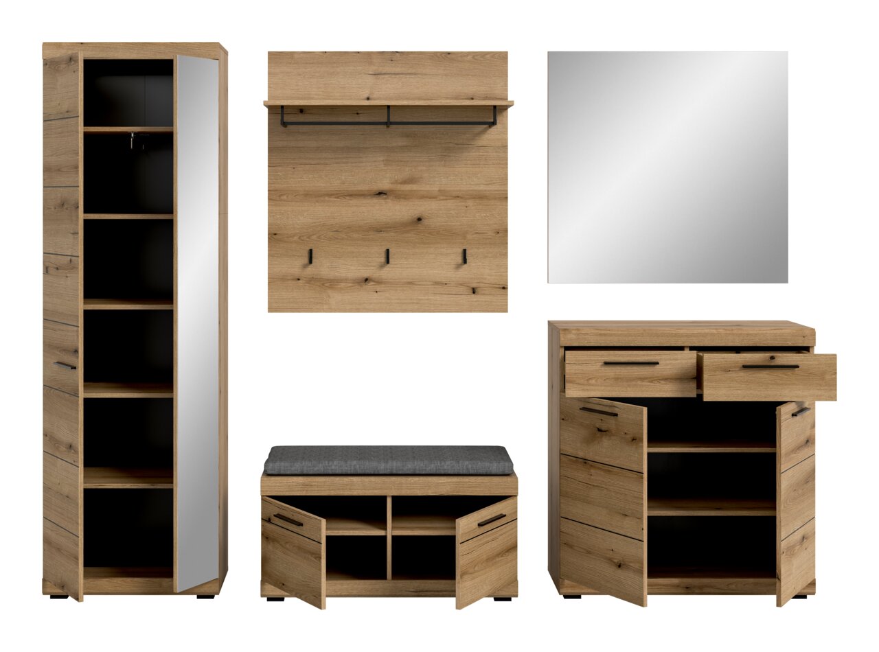 Garderoben-Set 5-teilig in Holzoptik, bestehend aus einem hohen Schrank mit Spiegel, einer Wandgarderobe mit Haken, einem quadratischen Spiegel, einer Sitzbank mit Stauraum und einer Kommode mit Schubladen und Türen. Frontalansicht.