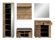 Garderoben-Set 5-teilig in Holzoptik, bestehend aus einem hohen Schrank mit Spiegel, einer Wandgarderobe mit Haken, einem quadratischen Spiegel, einer Sitzbank mit Stauraum und einer Kommode mit Schubladen und Türen. Frontalansicht.