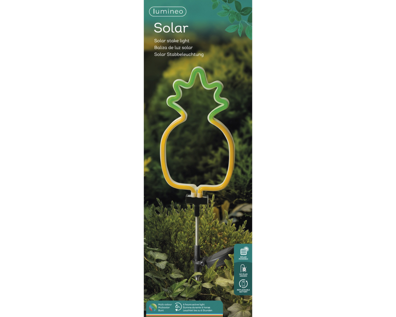 Solar Stabbeleuchtung in Form einer Ananas, fotografiert aus der Vorderansicht, umgeben von Pflanzen im Garten.