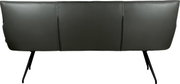 Rückansicht eines modernen 3-Sitzer-Sofas in Dunkelgrau mit glatter Polsterung, vertikalen Nähten und schwarzen Metallbeinen vor weißem Hintergrund