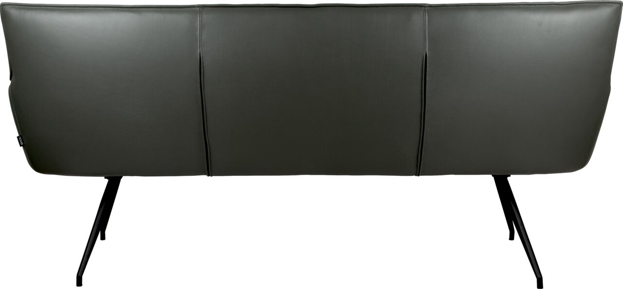 Rückansicht eines modernen 3-Sitzer-Sofas in Dunkelgrau mit glatter Polsterung, vertikalen Nähten und schwarzen Metallbeinen vor weißem Hintergrund