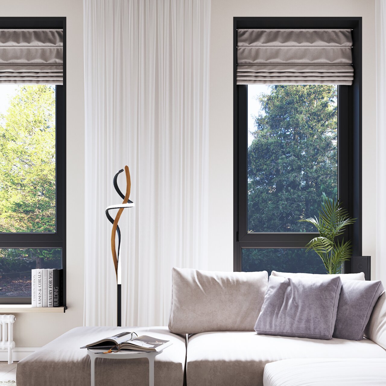 Moderne LED-Stehleuchte mit geschwungenem Design in einem eleganten Wohnzimmer, seitliche Perspektive.