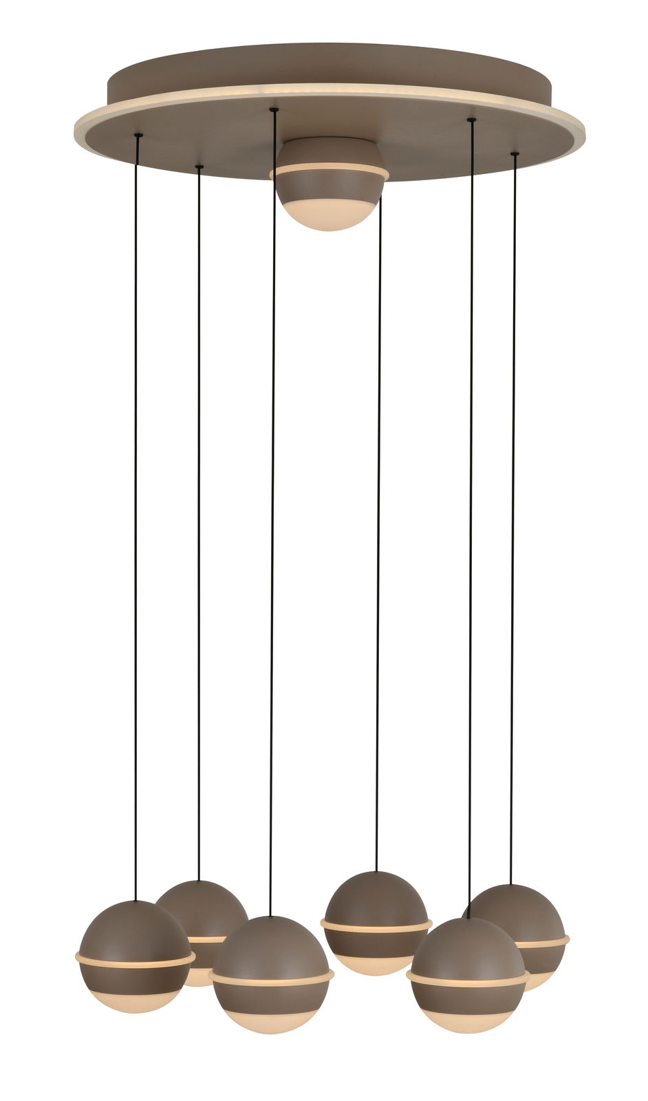 Moderne LED-Pendelleuchte mit sechs kugelförmigen Lampen, hängend von einer runden Deckenplatte, seitliche Perspektive.