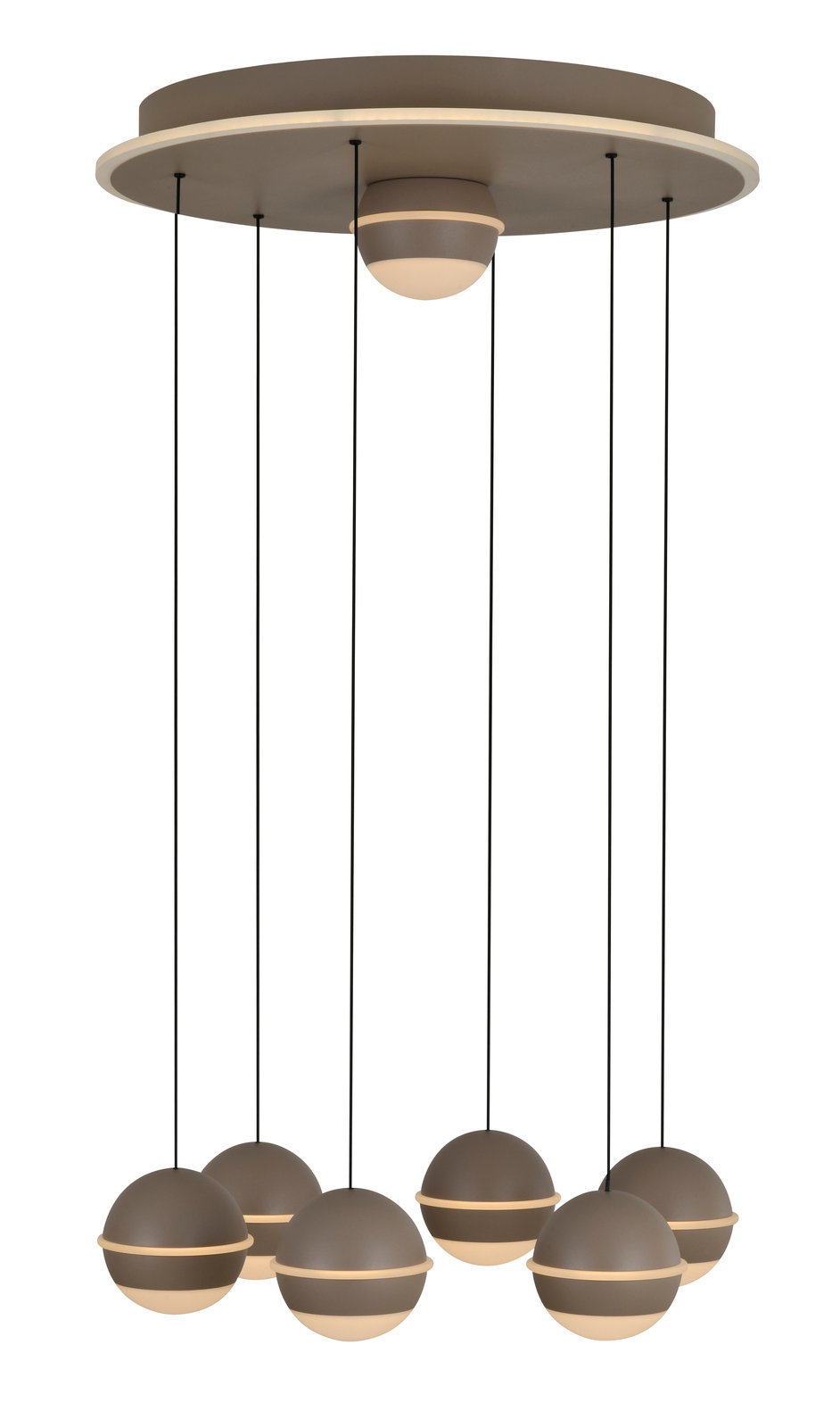 Moderne LED-Pendelleuchte mit sechs kugelförmigen Lampen, hängend von einer runden Deckenplatte, seitliche Perspektive.