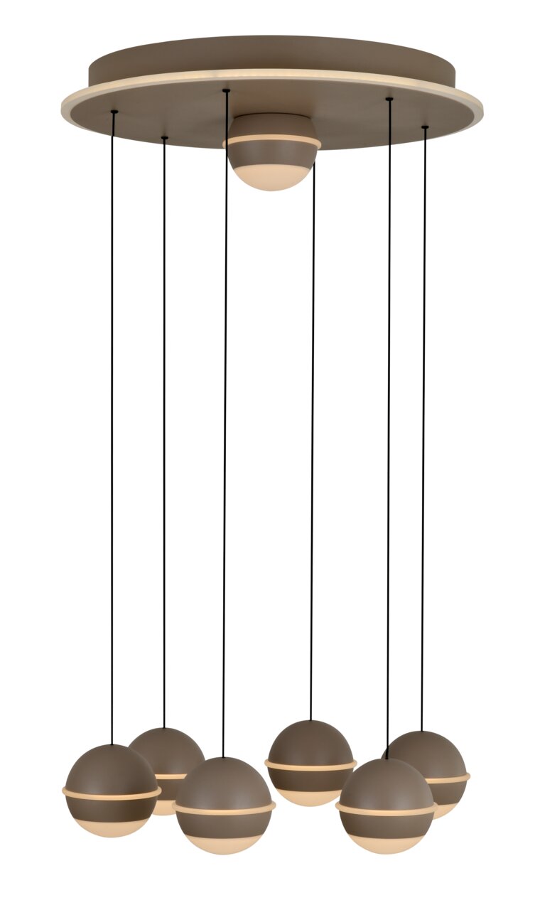Moderne LED-hanglamp met zes bolvormige lampen, hangend aan een ronde plafondplaat, zijaanzicht.