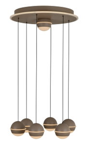 Moderne LED-hanglamp met zes bolvormige lampen, hangend aan een ronde plafondplaat, zijaanzicht.