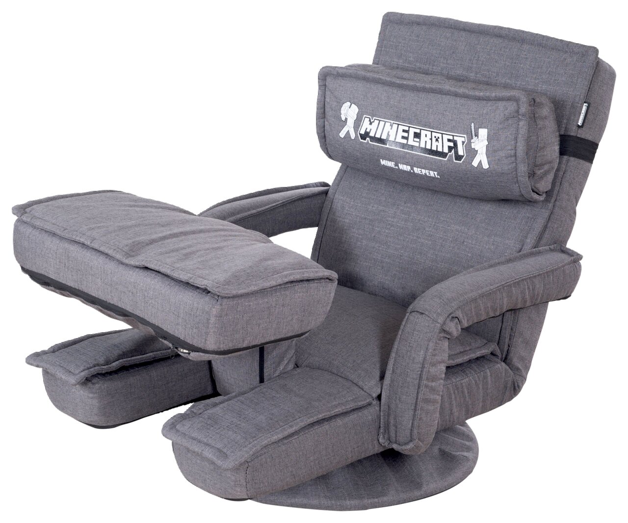 Zurbrüggen Gaming-Sessel MINECRAFT Grauer Minecraft-Gaming-Bodensessel mit Armlehnen, Kopfstütze und ausklappbarer Beinauflage, schräg von vorne links auf weißem Hintergrund
