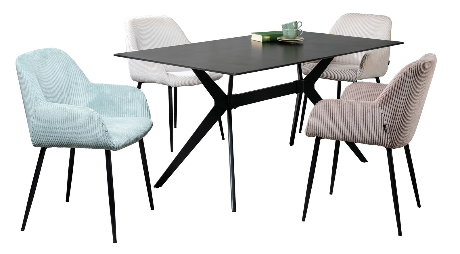 Moderner Esstisch mit schwarzer Tischplatte und vier gepolsterten Stühlen in verschiedenen Farben, seitliche Perspektive.