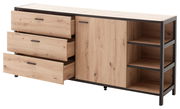 Modernes Sideboard aus Holz mit drei offenen Schubladen, einer Tür und zwei offenen Regalfächern, seitliche Perspektive.