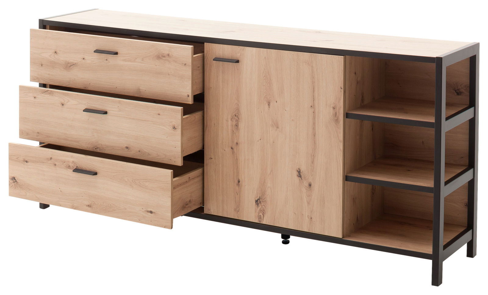 Modernes Sideboard aus Holz mit drei offenen Schubladen, einer Tür und zwei offenen Regalfächern, seitliche Perspektive.