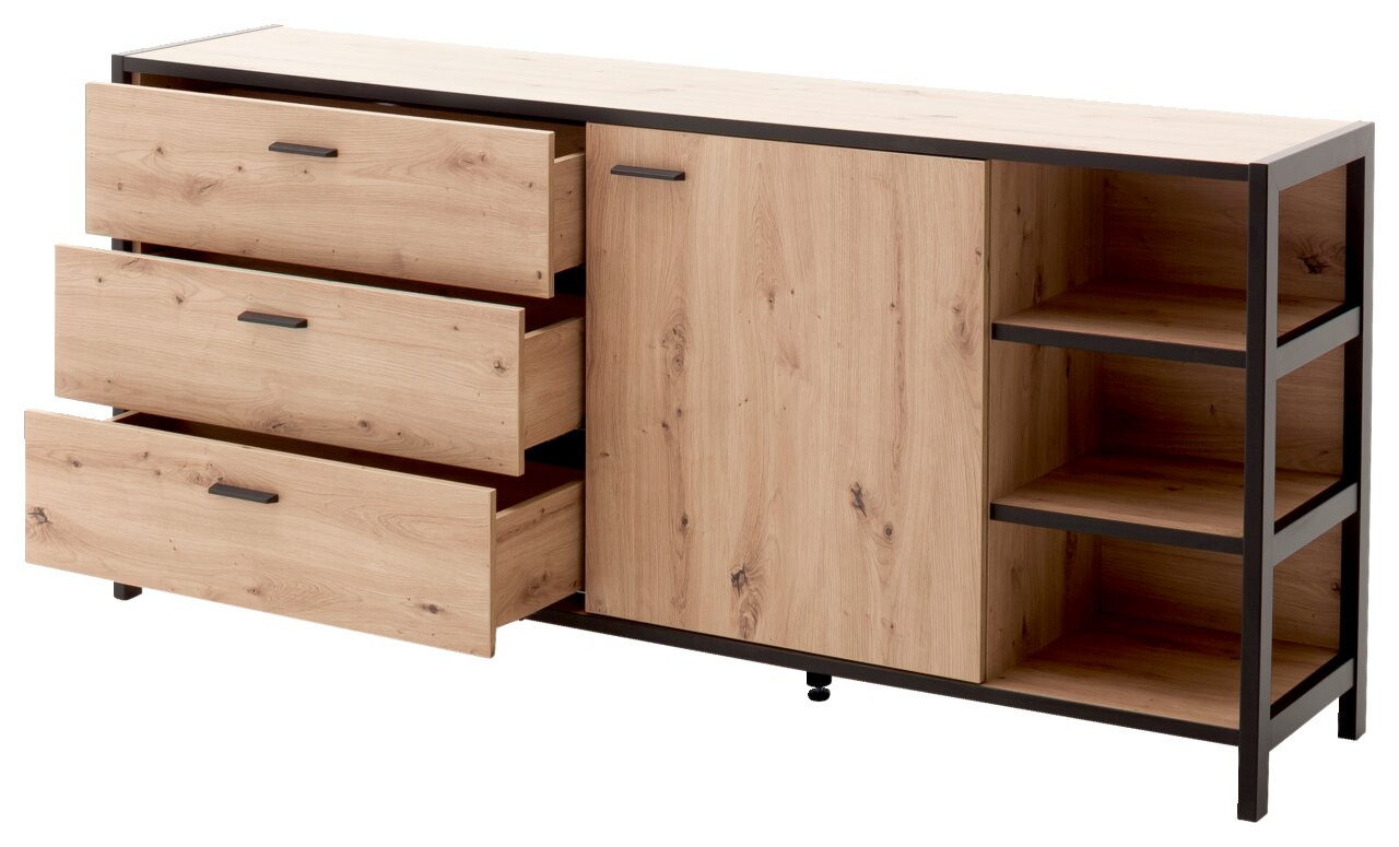 Modernes Sideboard aus Holz mit drei offenen Schubladen, einer Tür und zwei offenen Regalfächern, seitliche Perspektive.