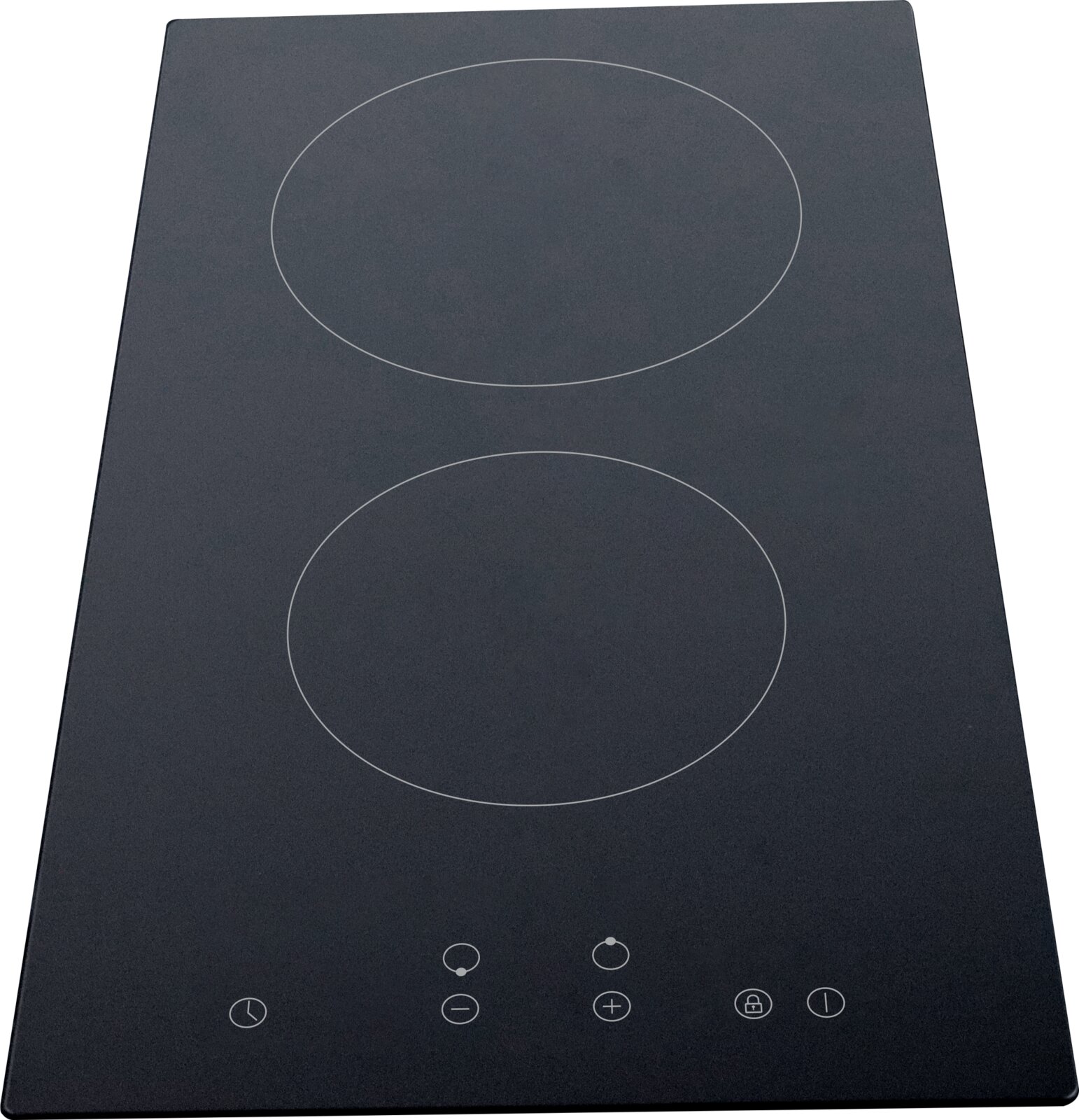 Schwarzes, minimalistisches Induktionskochfeld mit zwei markierten Kochzonen und Touch-Bedienfeld, Ansicht von oben (leicht schräg)