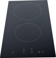 Schwarzes, minimalistisches Induktionskochfeld mit zwei markierten Kochzonen und Touch-Bedienfeld, Ansicht von oben (leicht schräg)