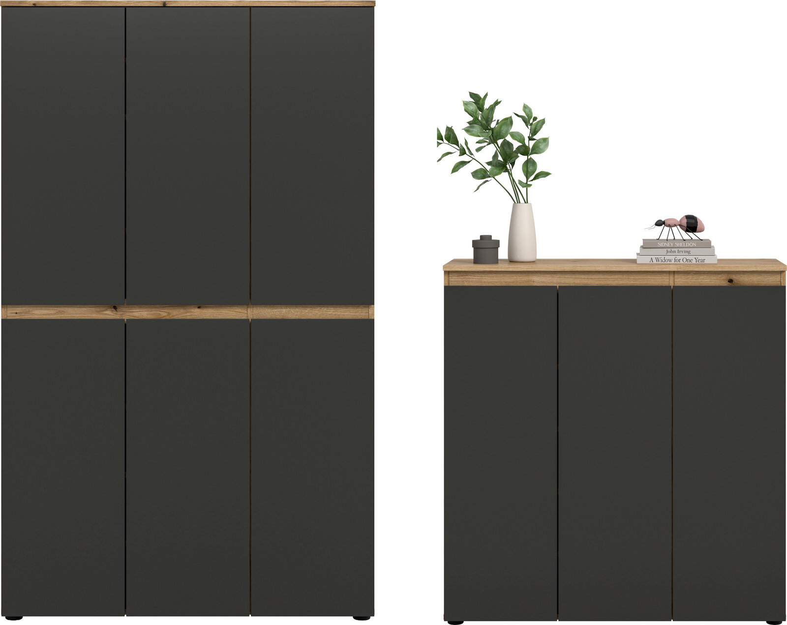 Moderne Kommode/Sideboard in Anthrazit mit Holzplatte und Holz-Zierleiste, vier Türen, frontal aus leicht erhöhter Perspektive vor weißem Hintergrund; rechts dekoriert mit Vase, Pflanze und Büchern.