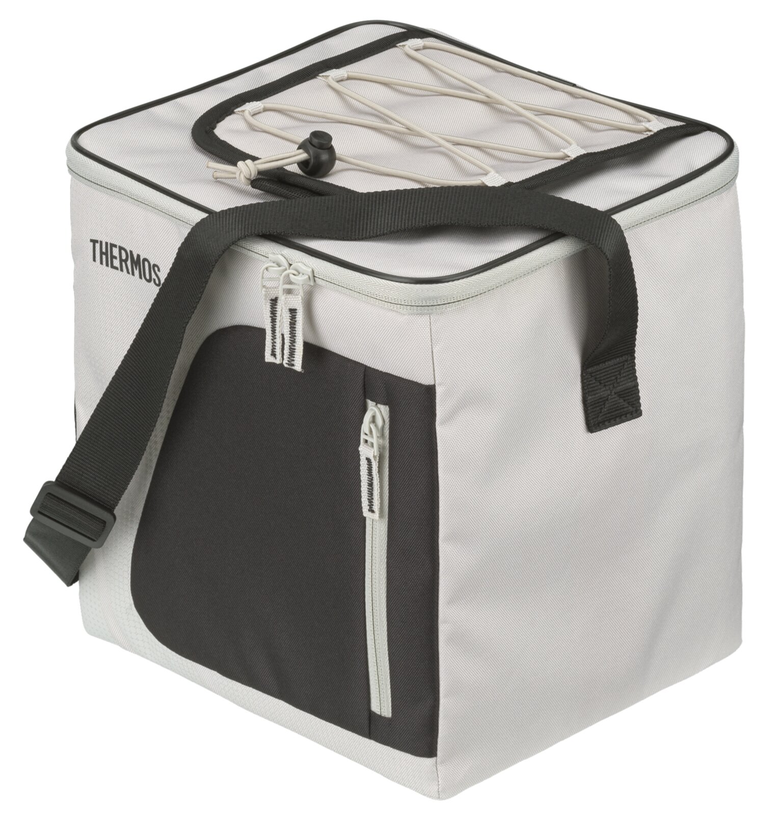 Hellgraue THERMOS Kühltasche mit schwarzem Schultergurt, Frontfach und elastischer Kordel auf dem Deckel, aus schräger Vorderansicht von oben