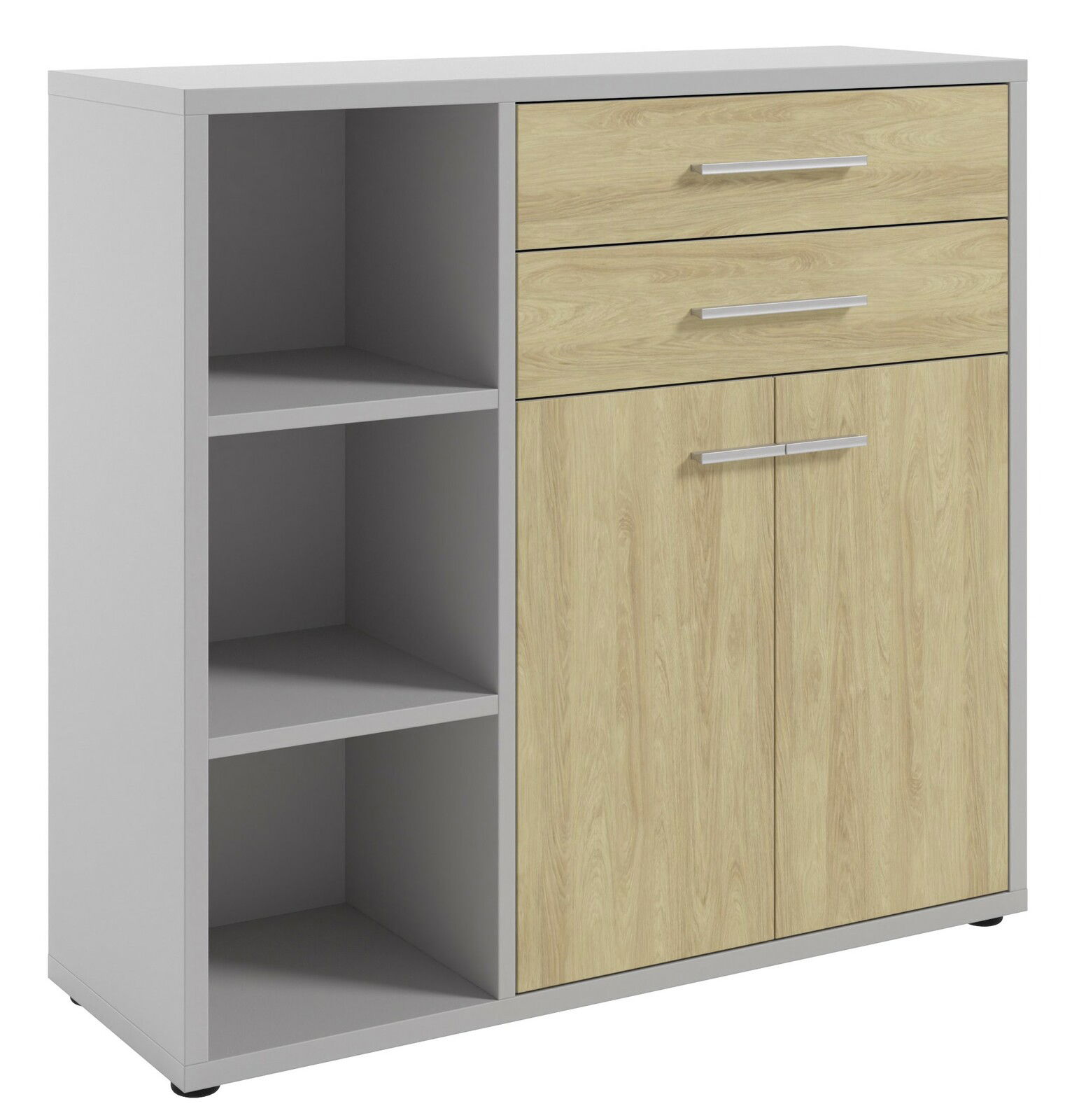 Moderner Aktenschrank mit zwei offenen Regalfächern links und zwei Schubladen sowie zwei Türen rechts, aus hellem Holz und grauem Material, perspektivisch von vorne links betrachtet.
