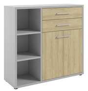 Moderner Aktenschrank mit zwei offenen Regalfächern links und zwei Schubladen sowie zwei Türen rechts, aus hellem Holz und grauem Material, perspektivisch von vorne links betrachtet.