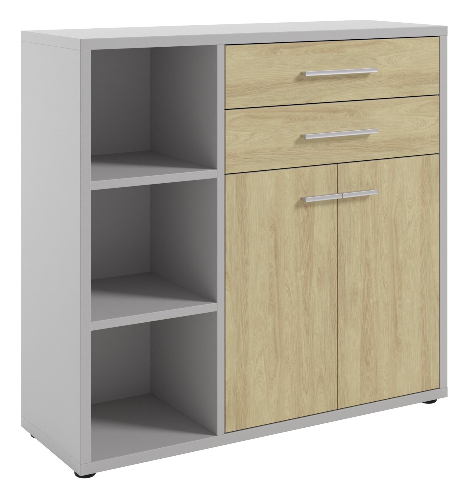 Moderner Aktenschrank mit zwei offenen Regalfächern links und zwei Schubladen sowie zwei Türen rechts, aus hellem Holz und grauem Material, perspektivisch von vorne links betrachtet.