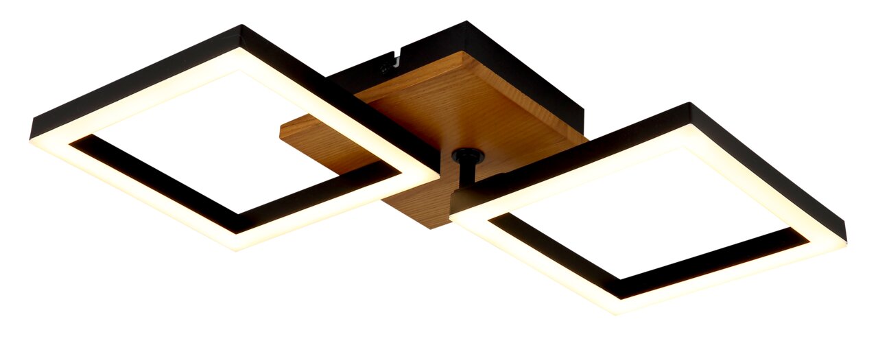 Moderne Deckenleuchte mit zwei quadratischen LED-Rahmen, Holz- und Metallelemente, seitliche Perspektive