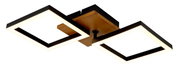 Moderne Deckenleuchte mit zwei quadratischen LED-Rahmen, Holz- und Metallelemente, seitliche Perspektive