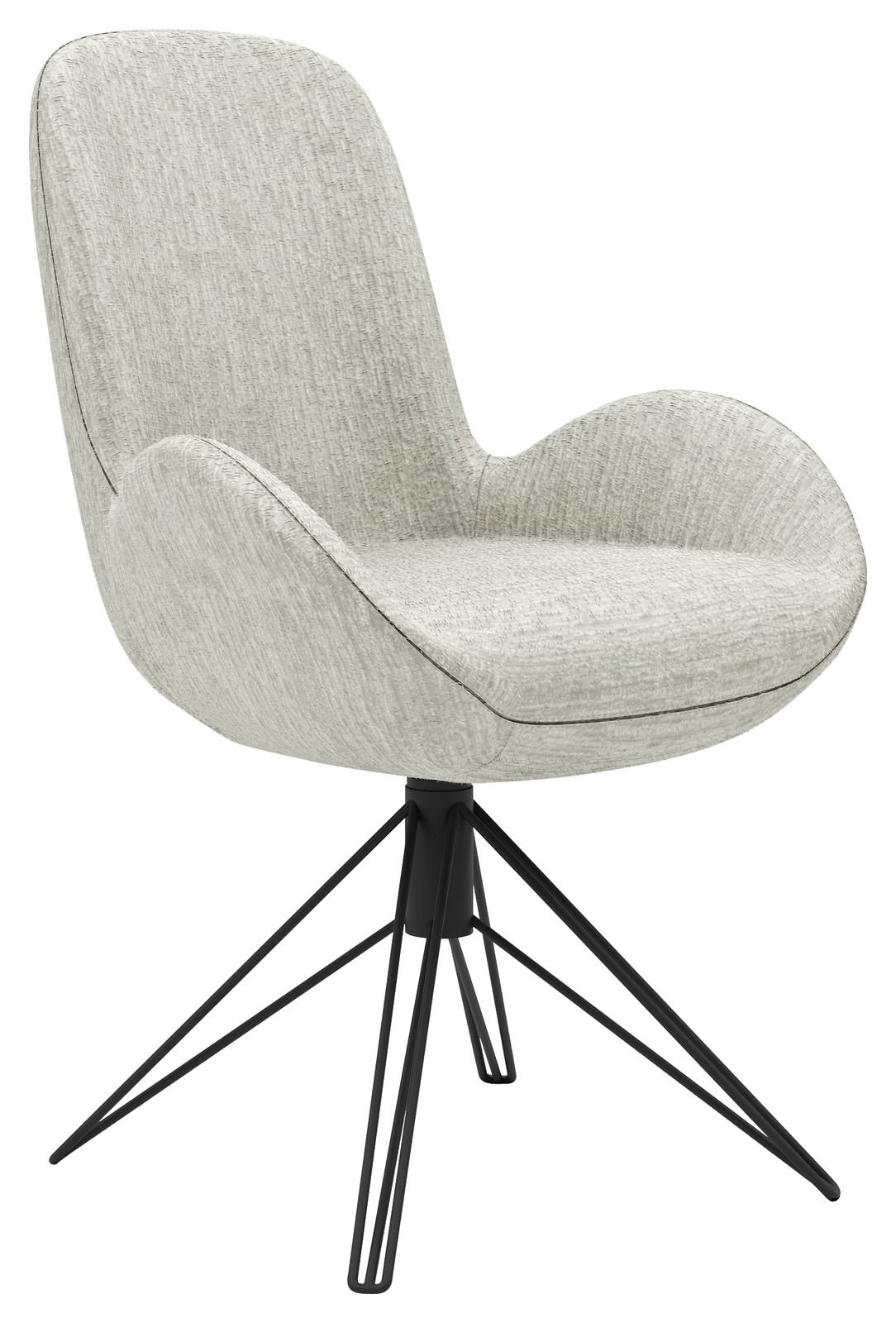 Moderner Armlehnstuhl mit hellgrauem Stoffbezug und schwarzem Drehgestell, seitliche Perspektive