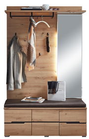 Garderoben-Set aus Holz mit Spiegel, Kleiderhaken, Ablage und Sitzbank, frontal betrachtet.