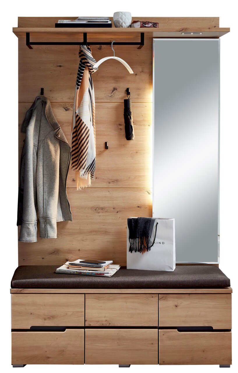 Voleo Garderoben-Set DETROIT Garderoben-Set aus Holz mit Spiegel, Kleiderhaken, Ablage und Sitzbank, frontal betrachtet.