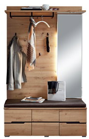 Garderoben-Set aus Holz mit Spiegel, Kleiderhaken, Ablage und Sitzbank, frontal betrachtet.