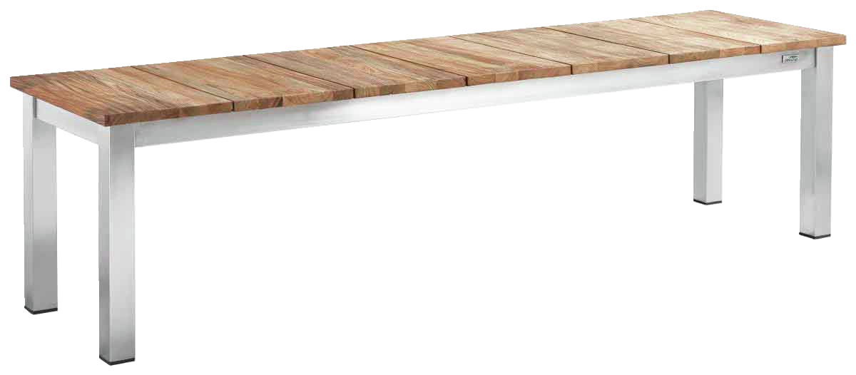 Gartenbank aus Holz und Metall, seitliche Perspektive