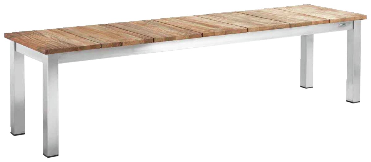 Gartenbank aus Holz und Metall, seitliche Perspektive